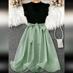 Black Top / Green Striped Midi Dress